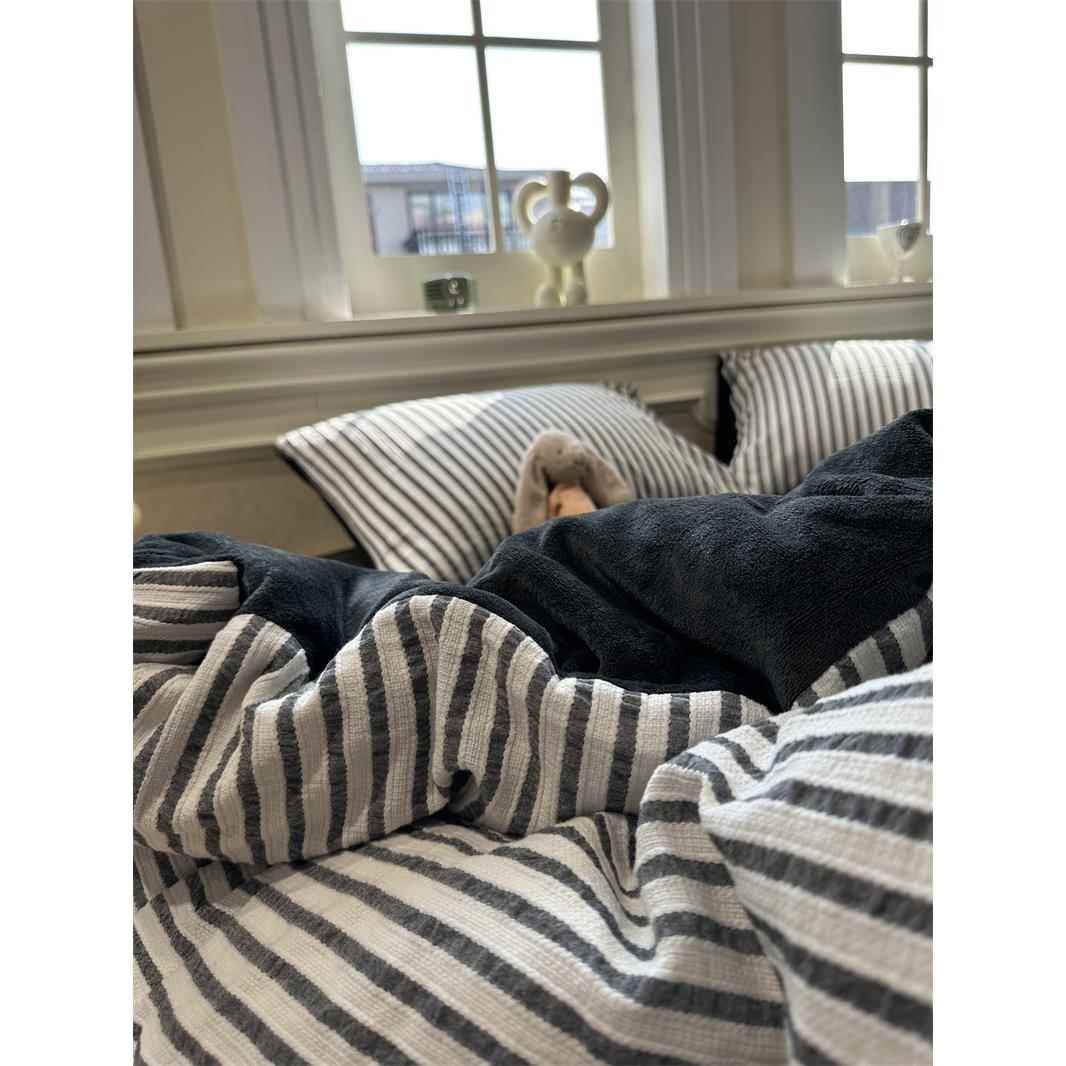 高档A面色织水洗棉提花B牛奶绒色四件套.5m1.8秋冬舒适保暖版灰北