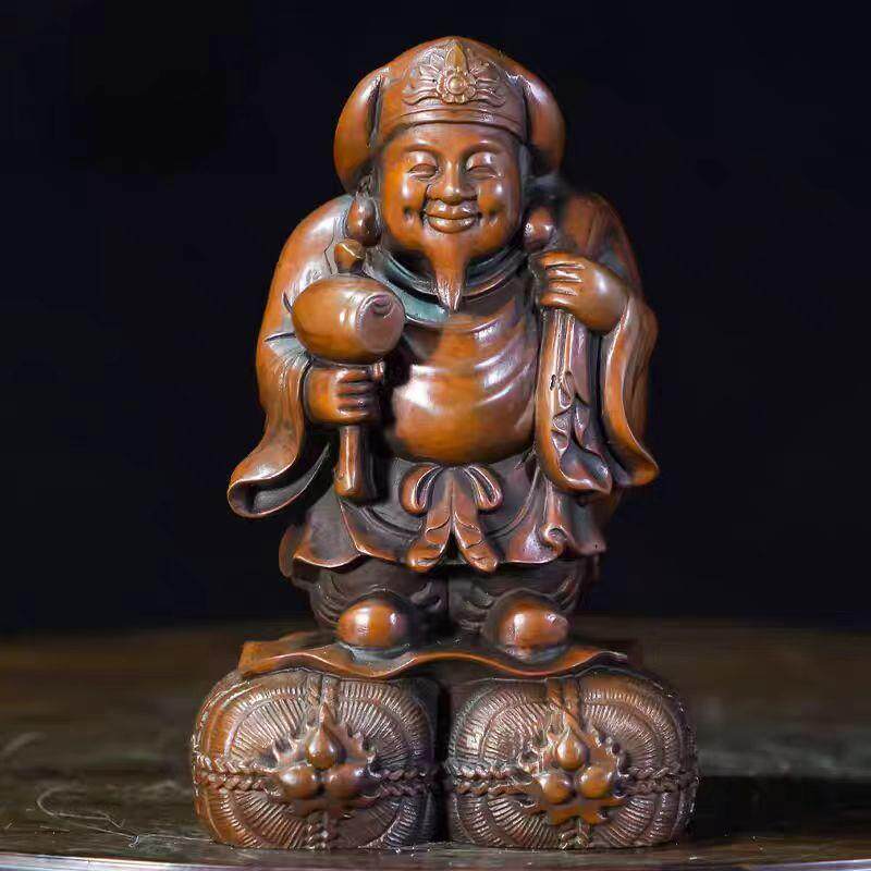 旧藏黄杨木雕大黑天财神摆件摆件实木笑佛中式客厅玄关店铺收藏