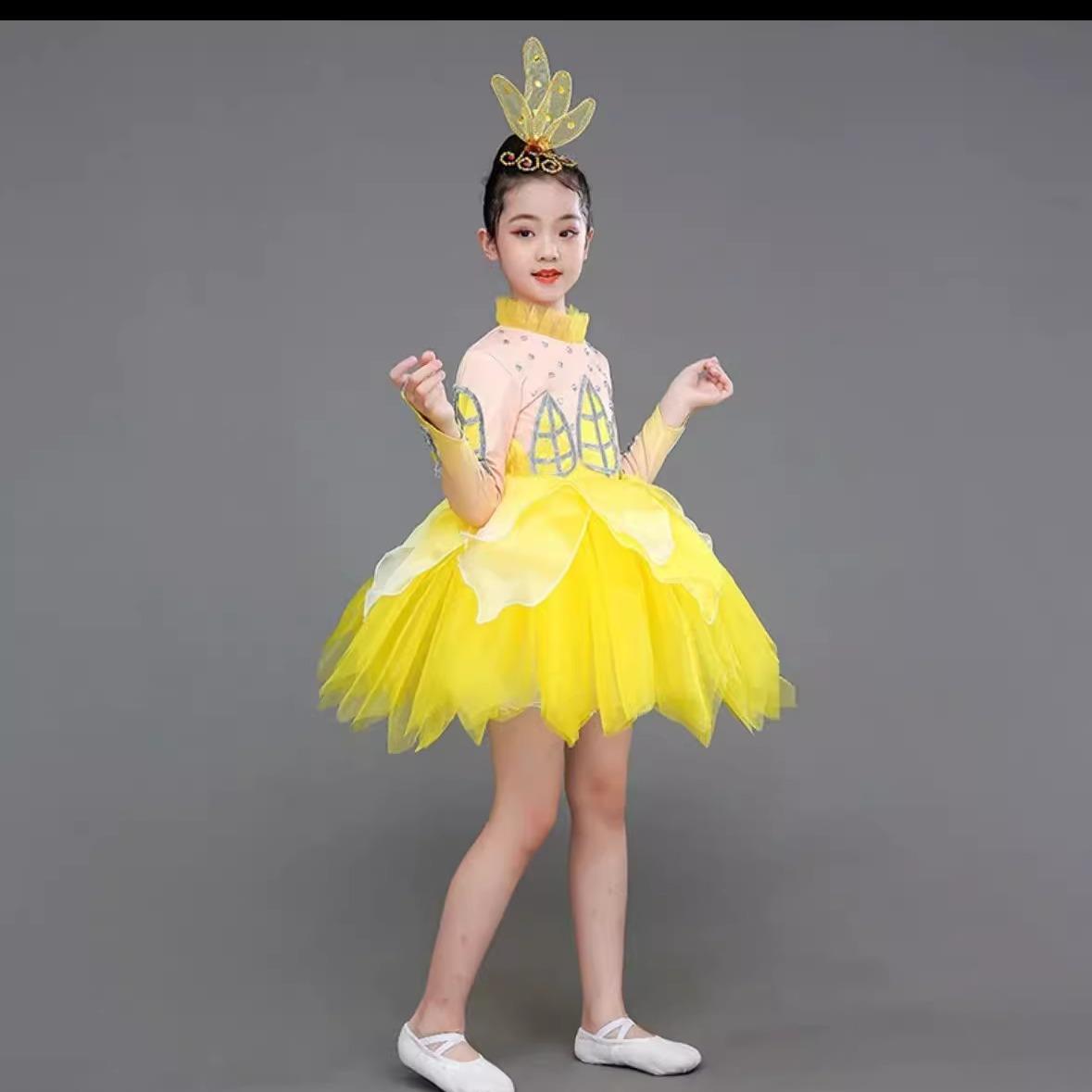 正品新款童茉莉开演出儿服荷塘花月色蓬蓬裙仙童子元旦荷花花表演