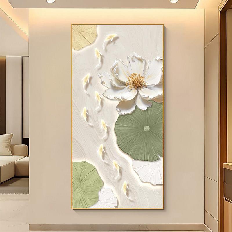 九鱼荷花玄关装饰画简约现代客厅壁画北欧奶油入户门走廊过道挂画