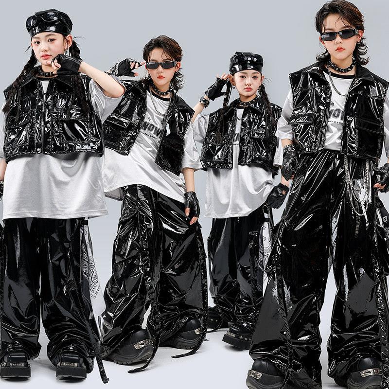 幼儿街舞服装嘻哈套装儿童潮服男童黑皮背心演出服女童走秀表演服