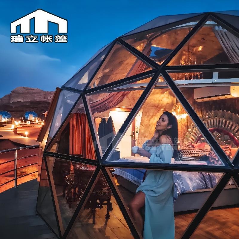 约旦星空玻璃屋营地铝合金框架加三层材料超隔热玻璃球形帐篷酒店