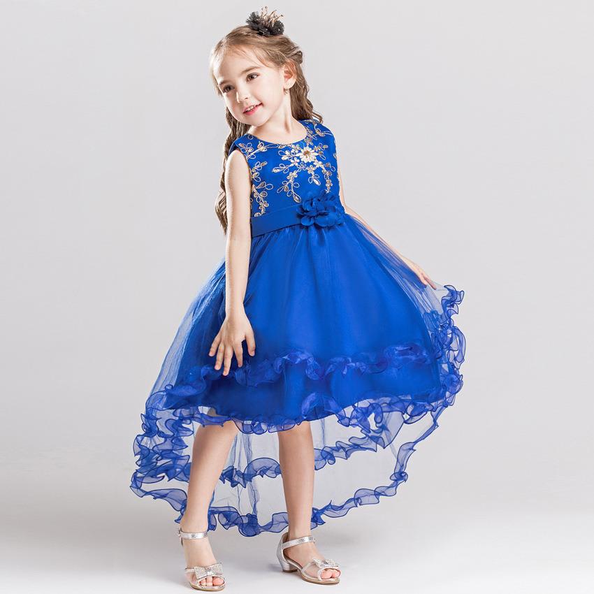 女童礼服拖尾网纱裙儿童婚纱蓬蓬裙kids dress中大童蓝色走秀礼服