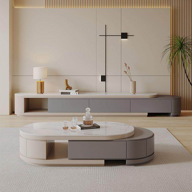 现代简约电视柜小户型风客厅岩板组合茶几奶油茶几拉伸伸缩椭圆形