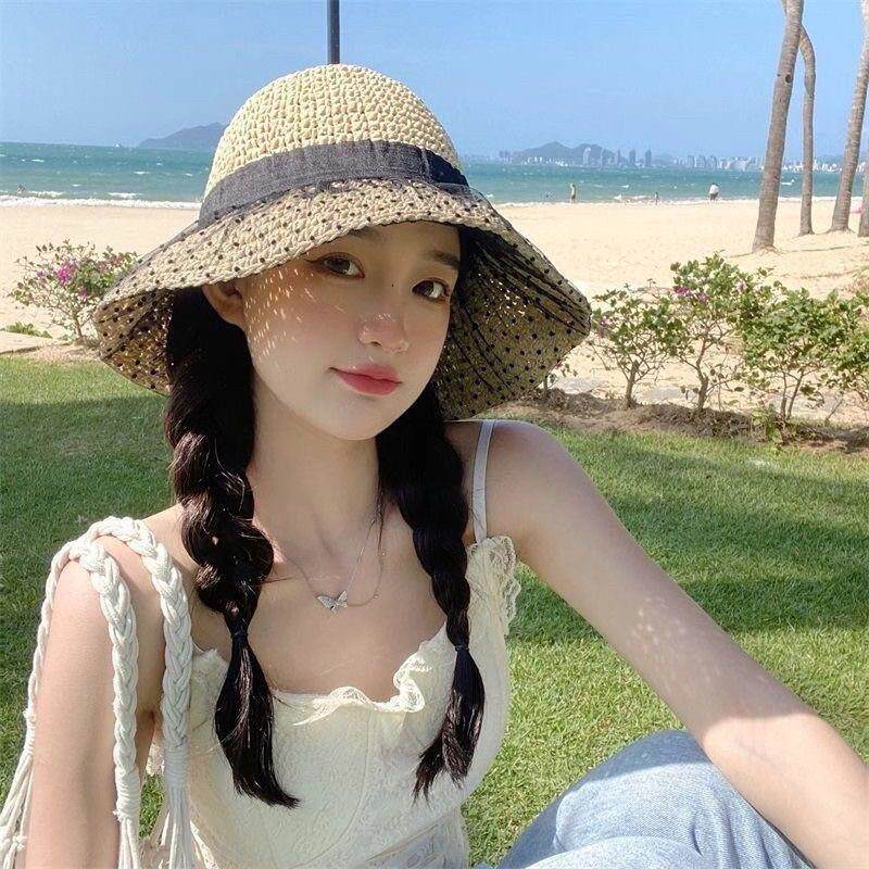 假发帽子一体女防晒草编织渔夫帽麻花辫长直发卷发时尚遮阳帽假发
