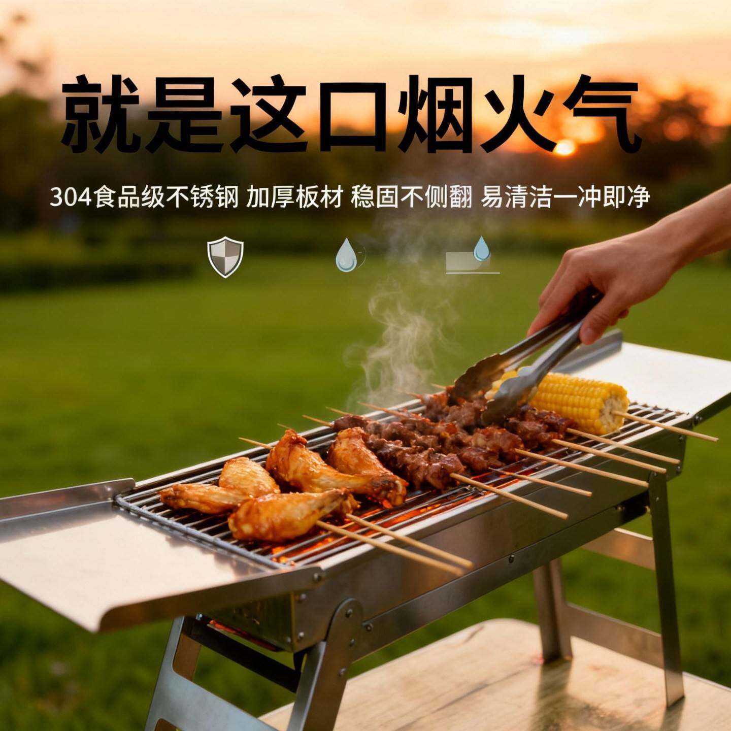 304不锈钢烧烤架可携式加厚户外烤肉炉折叠易收纳露营木炭烧烤架