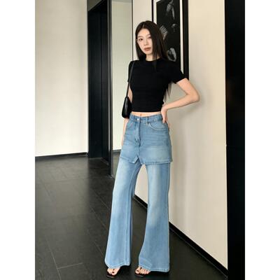 RIXO OFF韩系假两件微喇牛仔裤女春夏2026新款百搭高腰显瘦喇叭裤