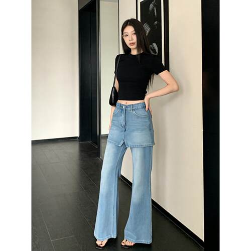 RIXO OFF韩系假两件微喇牛仔裤女春夏2026新款百搭高腰显瘦喇叭裤