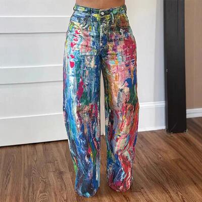 Straight leg pants painted with elastic denim pants