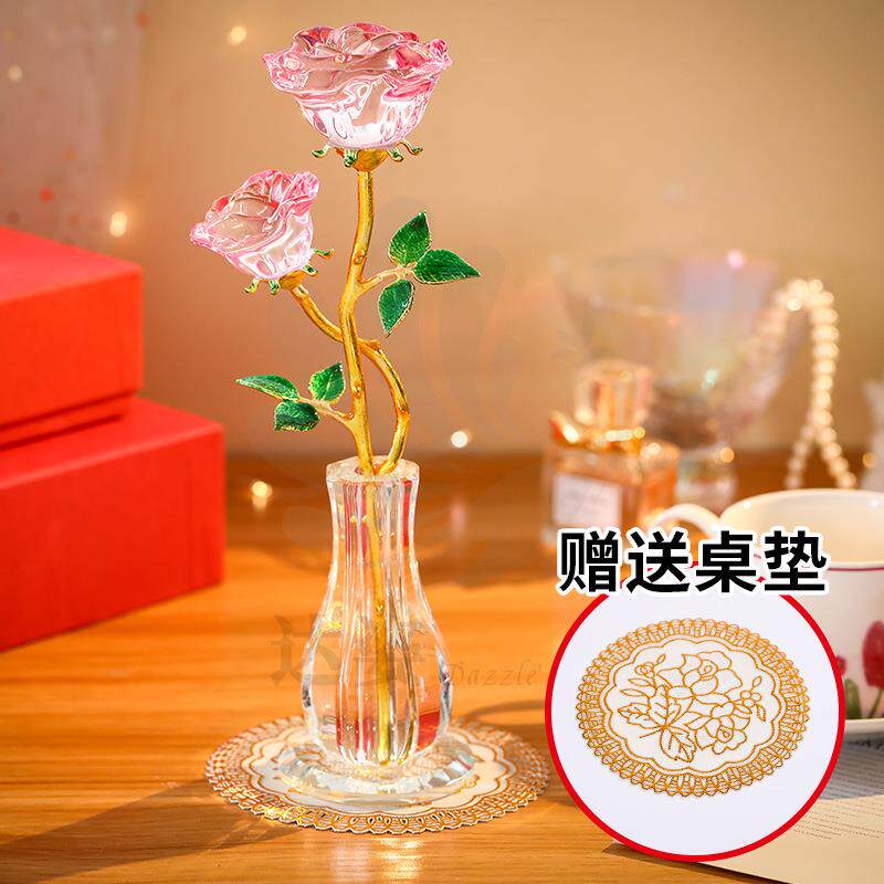 母亲节水晶玻璃工艺品摆件玫瑰花带花瓶居家客厅装饰品送情侣