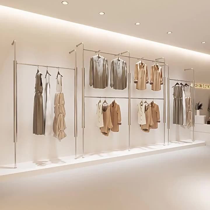 不锈钢上墙展示架服装店双层男女装顶天立地货架陈列道具挂衣架子