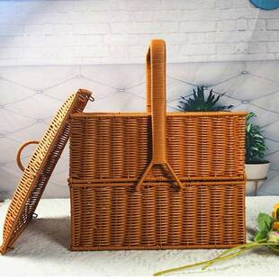 M55双层户外野餐篮家用手工藤编送餐篮方形拜拜篮竹编篮两层有盖