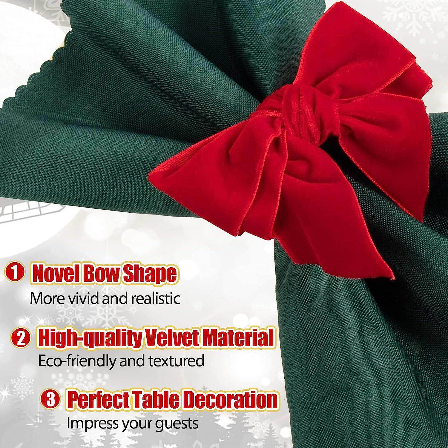 6个 Chic Velvet Red Bow Napkin Rings圣诞节日蝴蝶结餐巾环扣