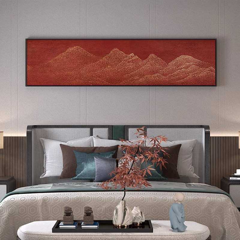 新中式横版装饰画红色抽象极简轻奢山水客厅茶室卧室床头壁画挂画