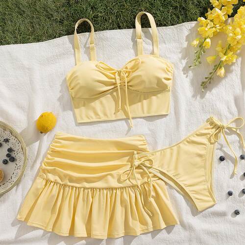 New Three-Piece Bikini Set, Ruffled Short Skirt, Adjustable