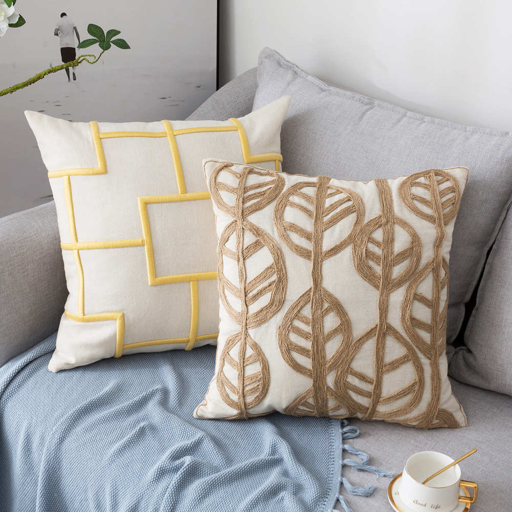 北欧重工棉麻树叶编织刺绣抱枕 美式样板间别墅沙发刺绣靠垫套