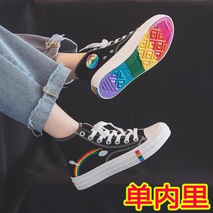 正品34码帆布鞋女高帮初中学生秋款大童板鞋女鞋冬季加绒小孩学生