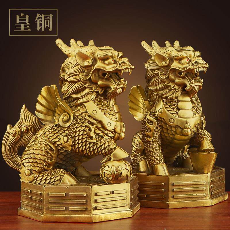 纯黄铜麒麟摆件招财八卦麒麟一对公母风水化解家居客厅门厅工艺品