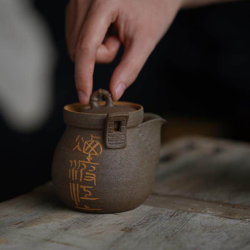 由至老岩泥石灰釉手抓壶紫砂纯手工刻绘茶具宝瓶手抓盖碗泡茶壶