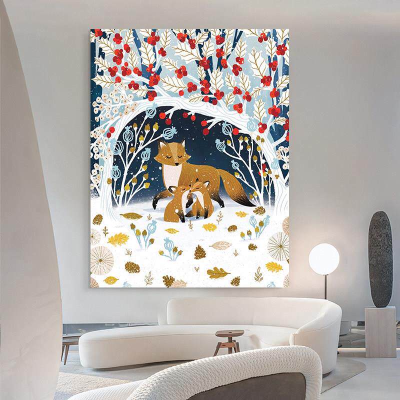 北欧童话手绘油画卡通雪景动物儿童房温馨装饰画卧室客厅丙烯挂画