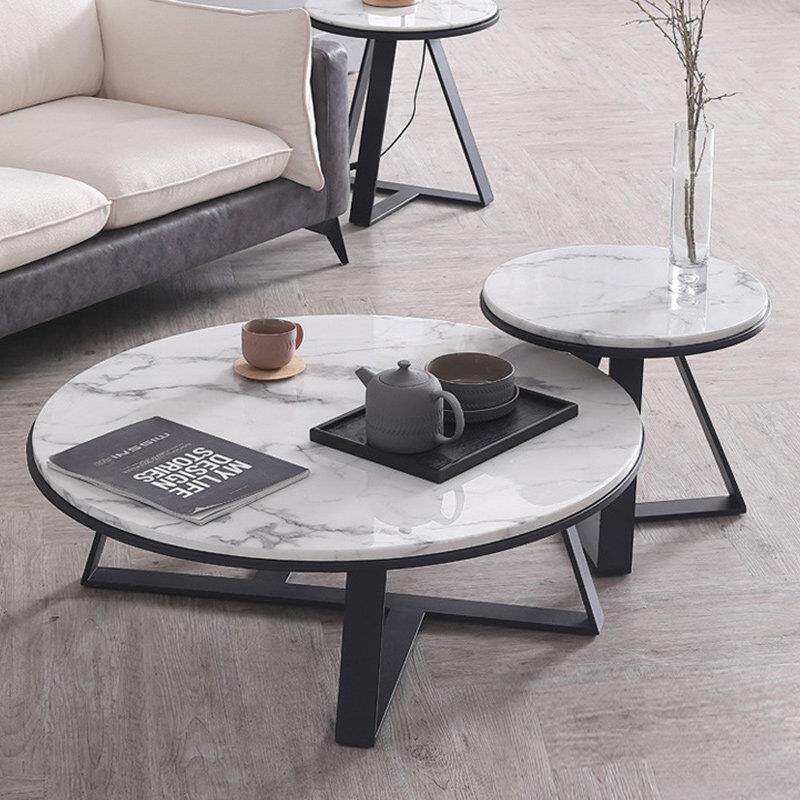 现代简约大理石岩板茶几边几组合北欧轻奢小户型网红铁艺圆形茶几