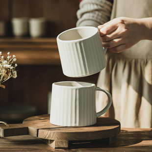 纯色竖纹马克杯大容量陶瓷杯子批发家用早餐杯复古水杯茶杯咖啡杯
