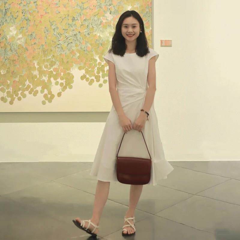 韩系极简风白色圆领中长裙女夏季小个子收腰显瘦小白裙通勤洋装