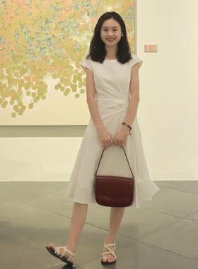 韩系极简风白色圆领中长裙女夏季小个子收腰显瘦小白裙通勤洋装