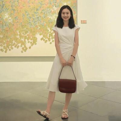 韩系极简风白色圆领中长裙女夏季小个子收腰显瘦小白裙通勤洋装