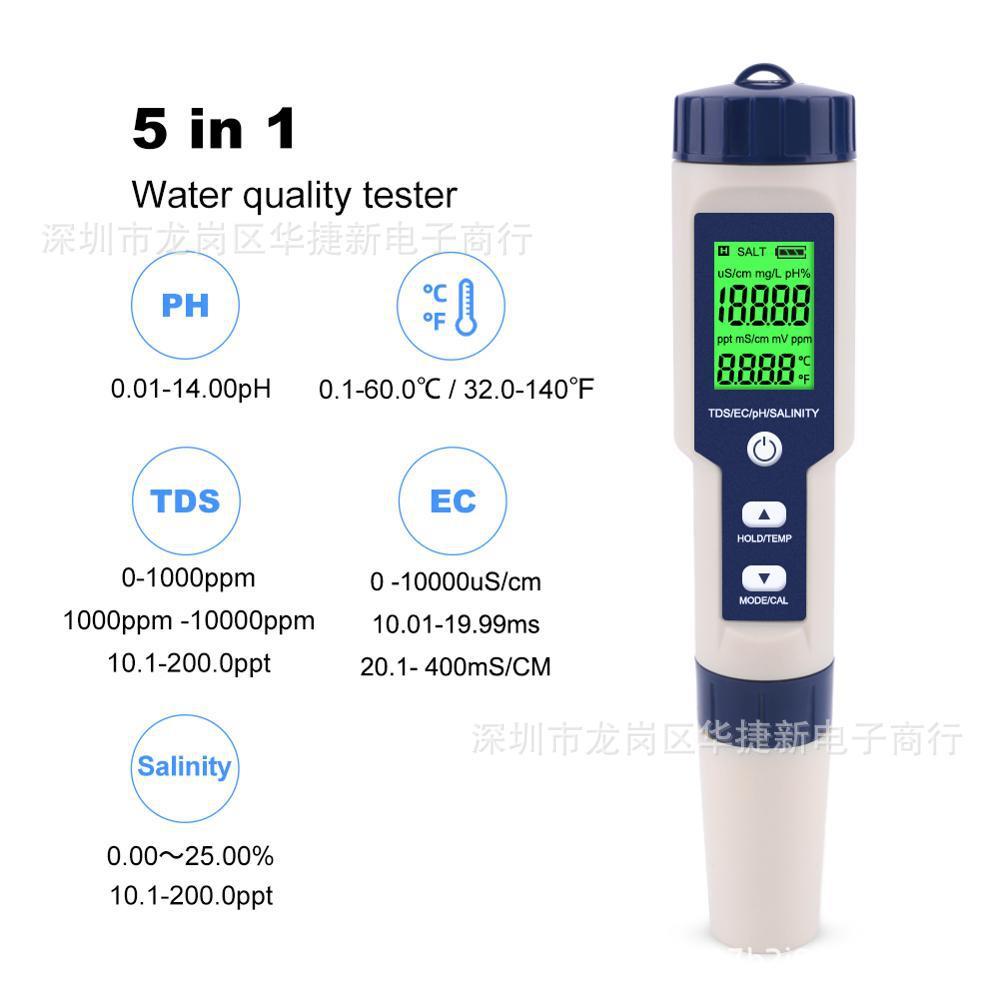 英文 多功能防水质仪酸碱度五合一测试笔盐度温度TDS/EC EZ9909PH