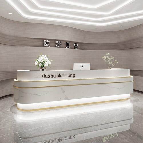 简约现代轻奢服装店大理石吧台美容院弧形收银台公司前台接待桌