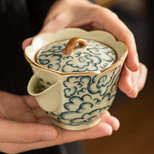 米黄汝窑莲升手抓壶祥云印象可开片泡茶功夫茶具单个防烫茶壶单壶