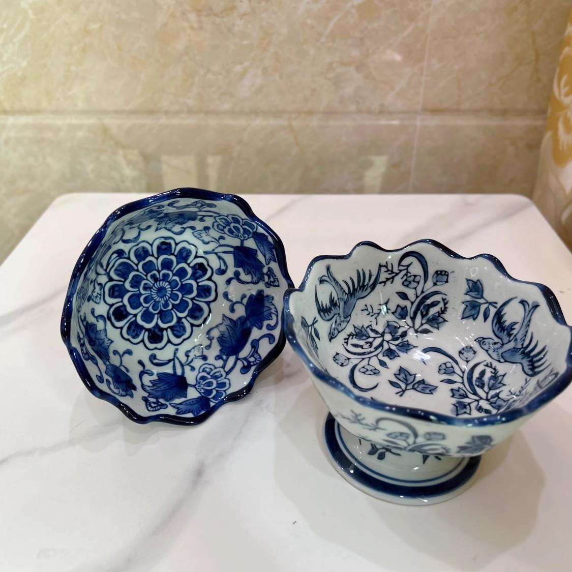 青花高脚碗中式陶瓷高脚碗茶道点心碗冰淇淋碗点心碗小吃碗家用摆