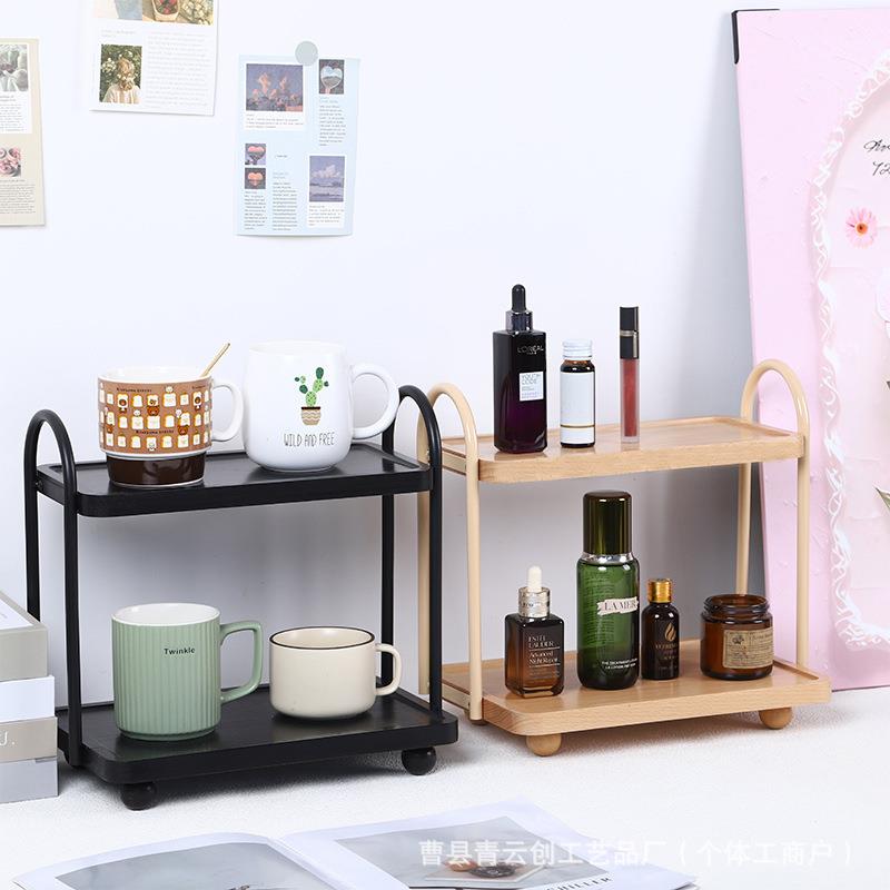 现货木质双层置物架复古桌面咖啡杯茶厨房收纳架玻璃杯架茶具架