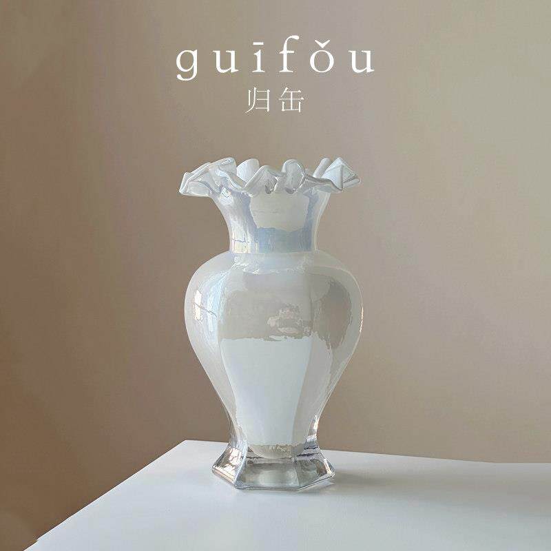 归缶珠光炫彩手工中古芬顿玻璃花瓶鱼尾花器轻奢家居摆饰餐桌装饰