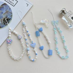 ins风蓝色系蝴蝶结链条手机挂绳手机壳挂件diy防丢耳机套手绳