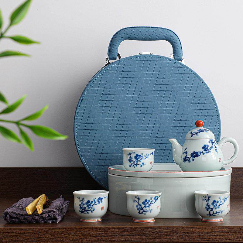 手绘旅行茶具套装户外便携式功夫一壶四杯陶瓷茶壶茶杯带茶盘轻奢