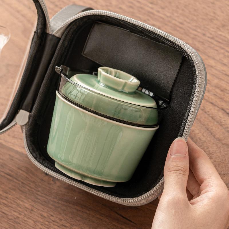 中式越窑青瓷茶壶茶杯陶瓷功夫泡茶快客杯户外露营旅行茶具便携式图片