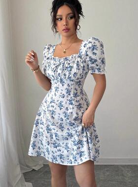Women's Floral Print Puff Sve Square Neck Dress, Cute