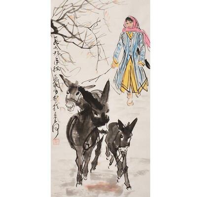 名画家黄胄纯手绘画国画饰水墨画ZIQ人物画饲壁驴图画装山水画中