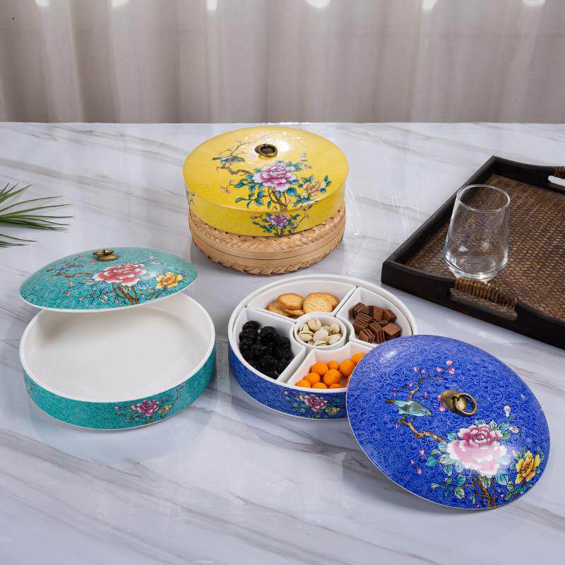 特色圆形珐瑯彩干 干果盒创意五格凉菜碟拼盘彩色中式料碟干 干冰