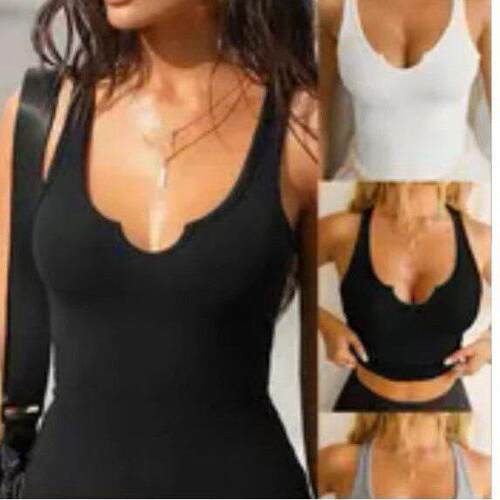 Women summer vest White Crop Tank Casual Notched Neck