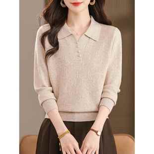 POLO领长袖针织衫女秋季薄款妈妈装上衣2025新款洋气减龄翻领毛衣