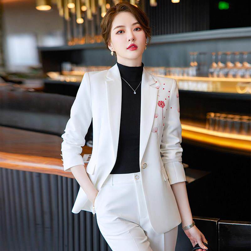白色西装外套女春秋新中式国风刺绣女装气质职业西服套装工作服春