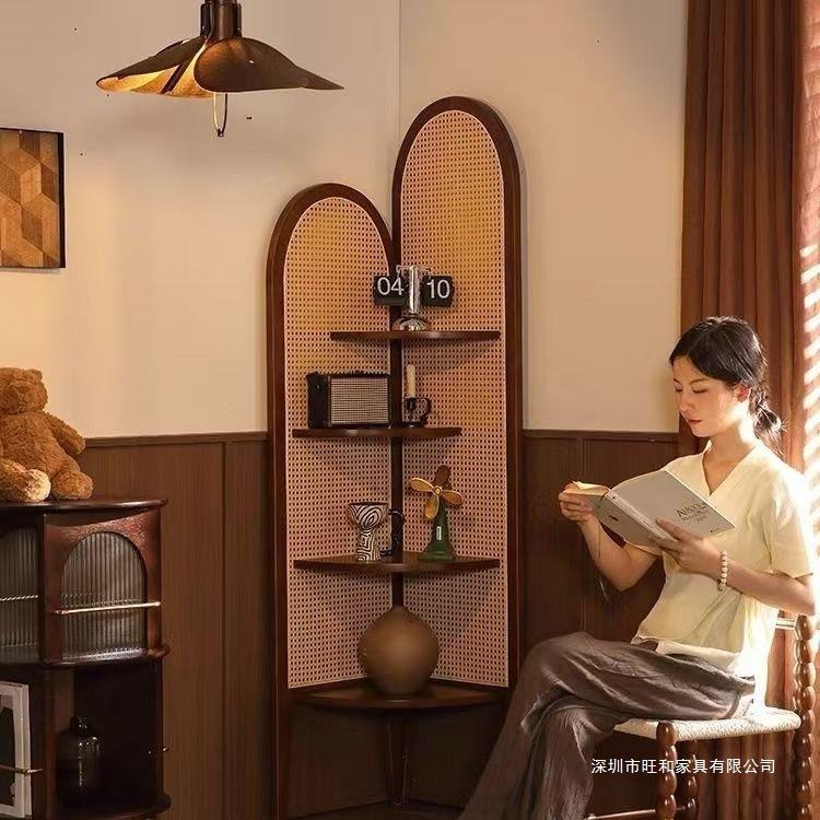 658实木厅角客复古沙发墙柜纳边藤编置物架子中古卧室拐角三角柜