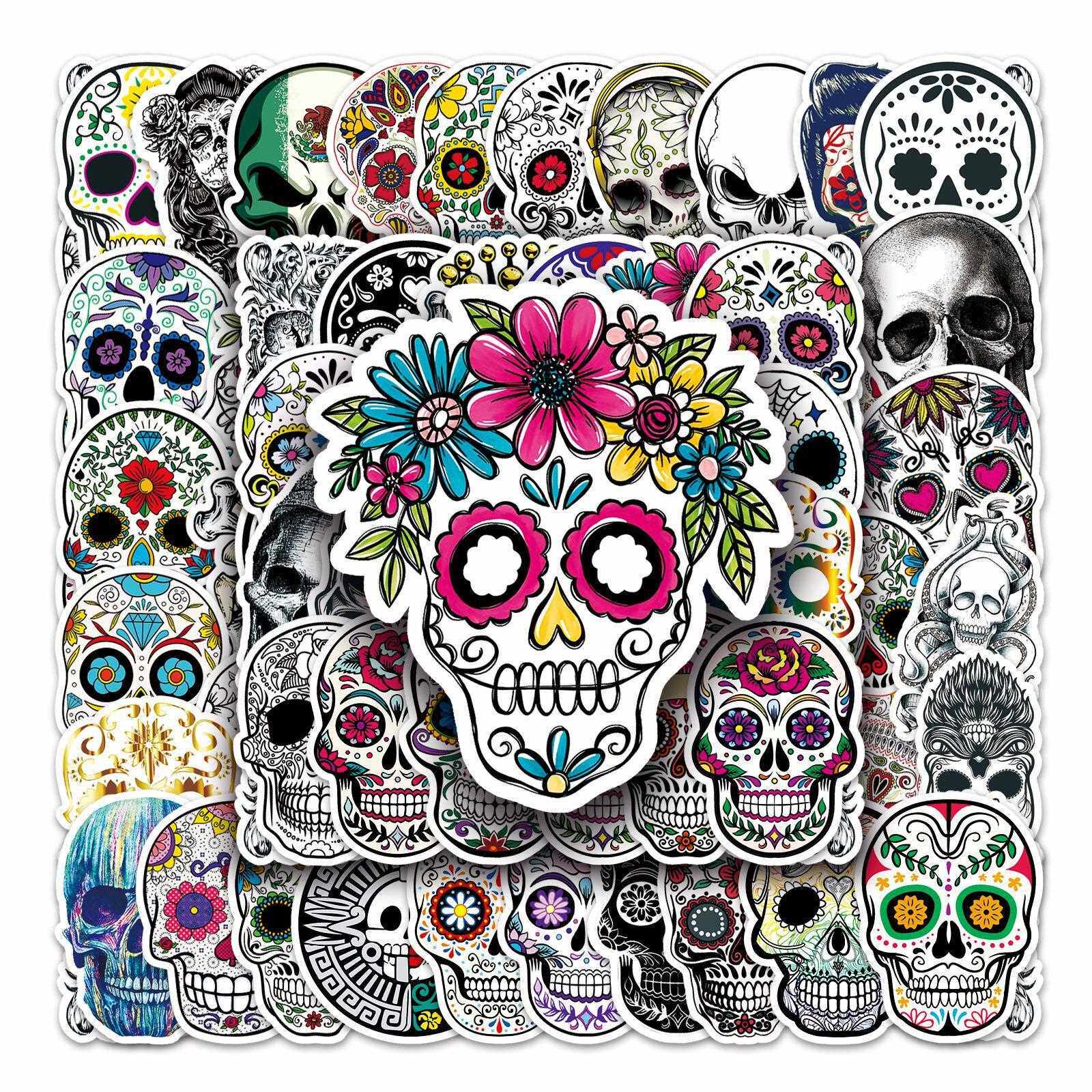 直销新款50张幻彩恐怖骷髅头万圣节个性行李箱冰箱汽车滑板车手机