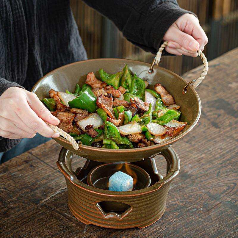 玖田烧明火盘子氛围感干锅鱼盘麻绳双耳菜盘陶瓷酒精炉子酒店餐具