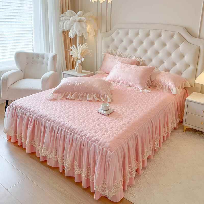 仿真丝床上用品韩式蕾丝公主床裙式四件套花边纯色夹棉床罩被套