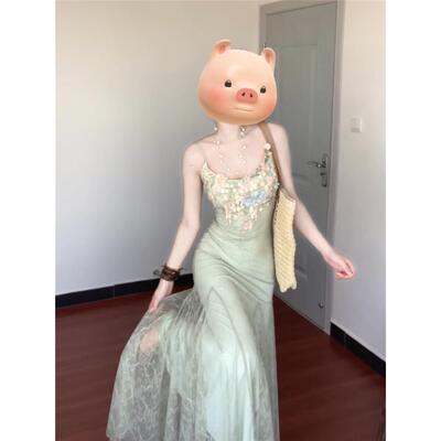法式绿色花朵蕾丝网纱吊带连衣裙女夏季纯欲气质修身鱼尾包臀长裙