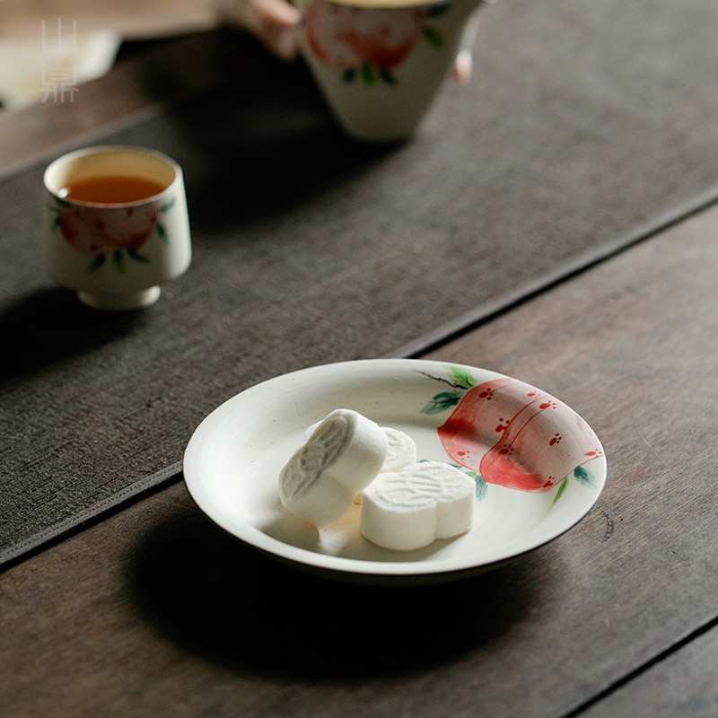 山鼎手绘粉引白干泡壶承寿桃茶壶盖碗垫诧寂风功夫茶具点心茶点盘